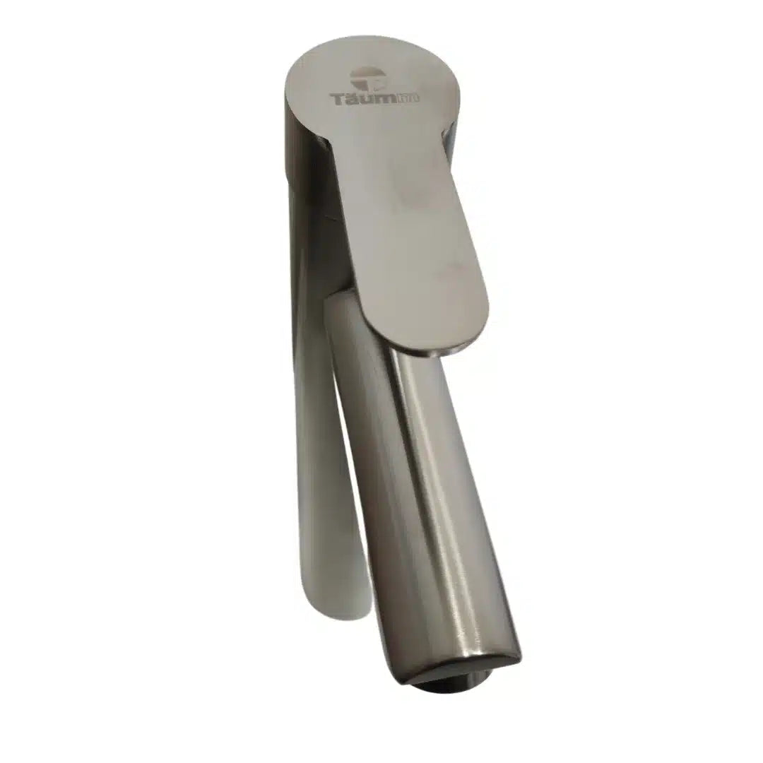 Monomando de lavamanos moderno Taumm alto de acero INOX, grifería de baño con palanca única para instalación sobre cubierta.