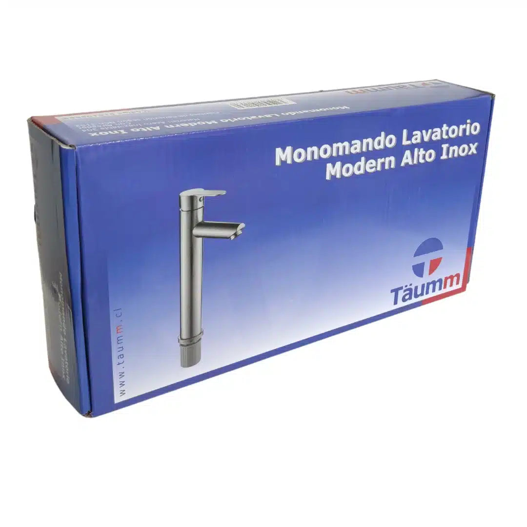Monomando de lavamanos moderno Taumm alto de acero INOX, grifería de baño con palanca única para instalación sobre cubierta.