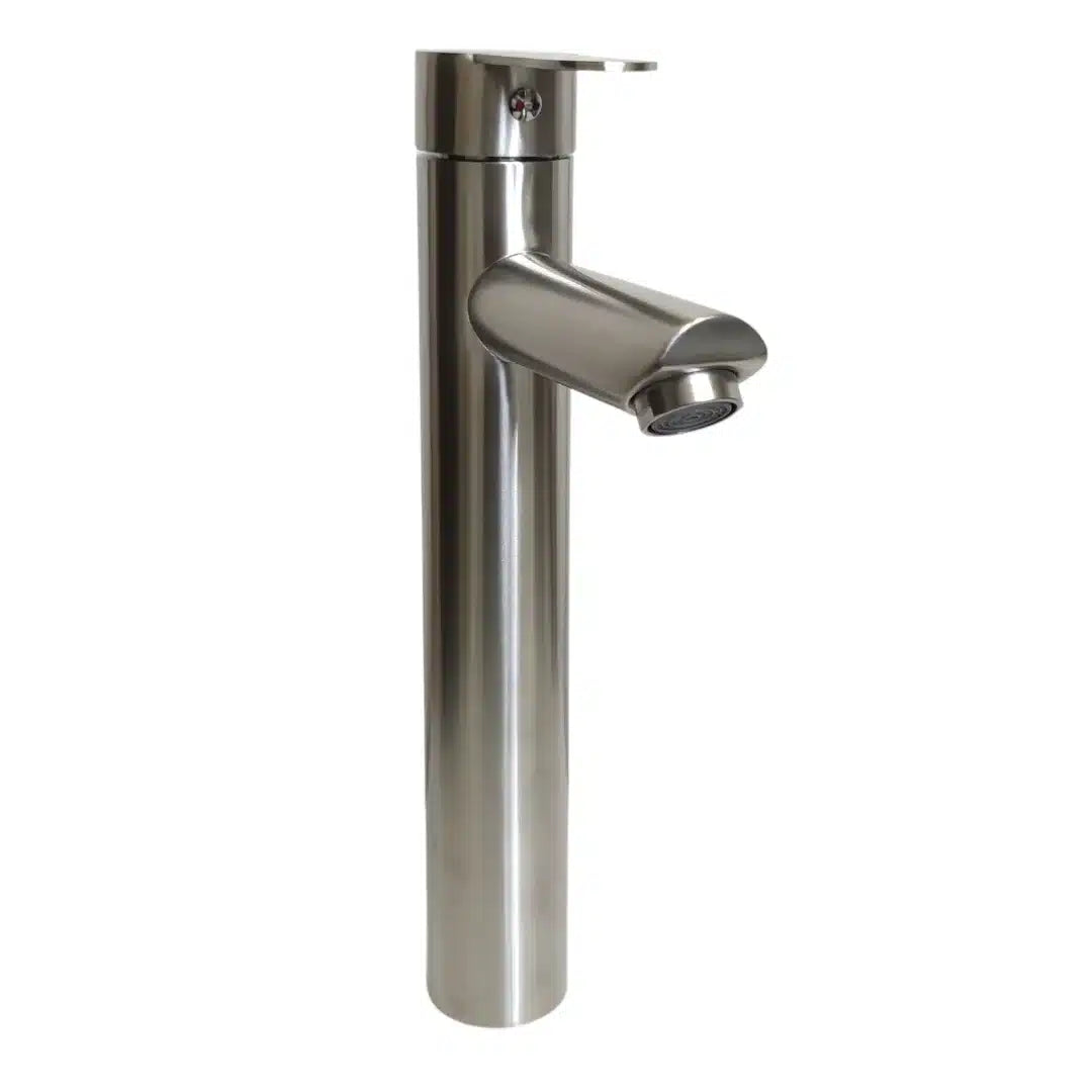 Monomando de lavamanos moderno Taumm alto de acero INOX, grifería de baño con palanca única para instalación sobre cubierta.