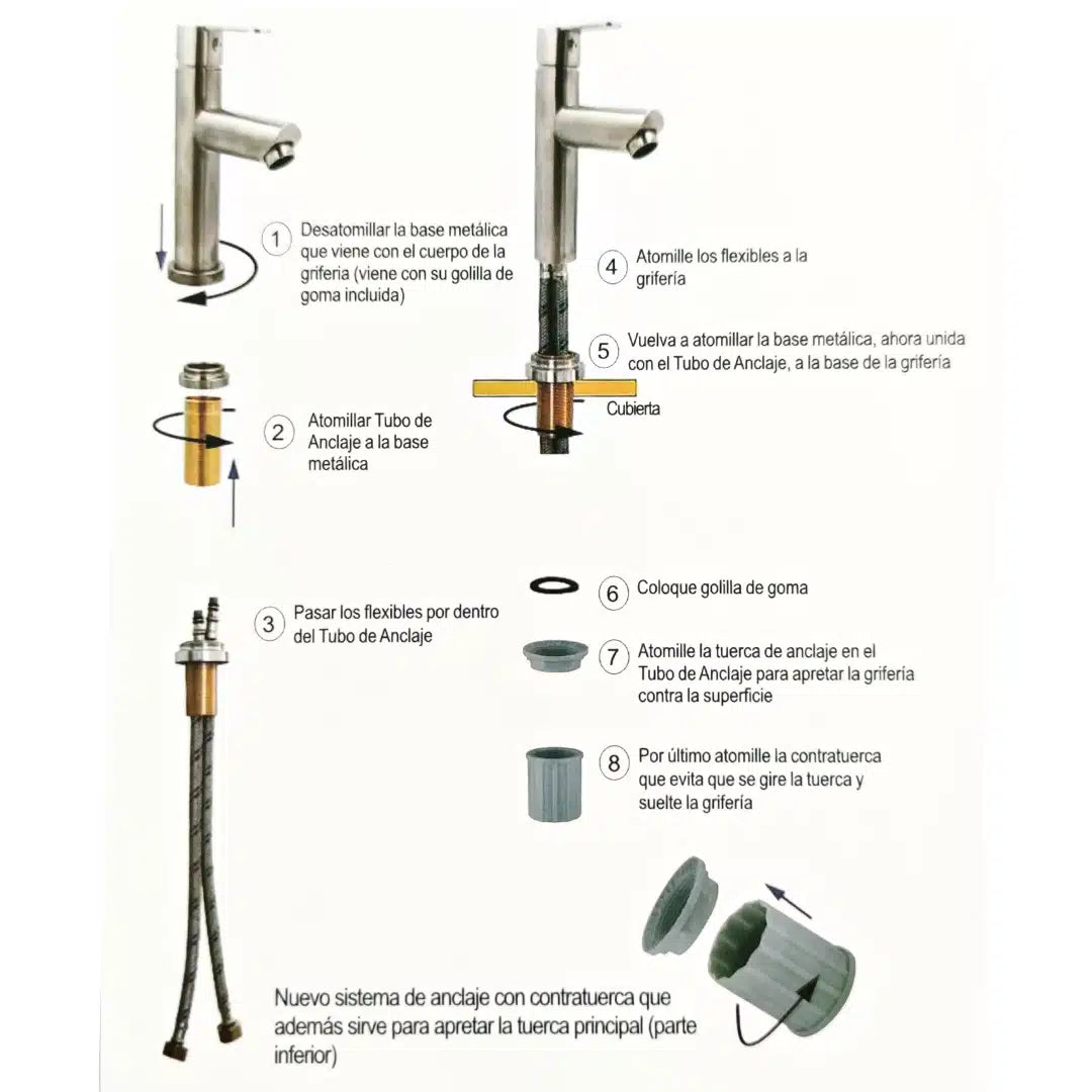 Monomando de lavamanos moderno Taumm alto de acero INOX, grifería de baño con palanca única para instalación sobre cubierta.