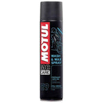 Limpiador y cera en spray Motul Wash & Wax E9, producto para lavado en seco de autos y motos que brinda brillo y protección.