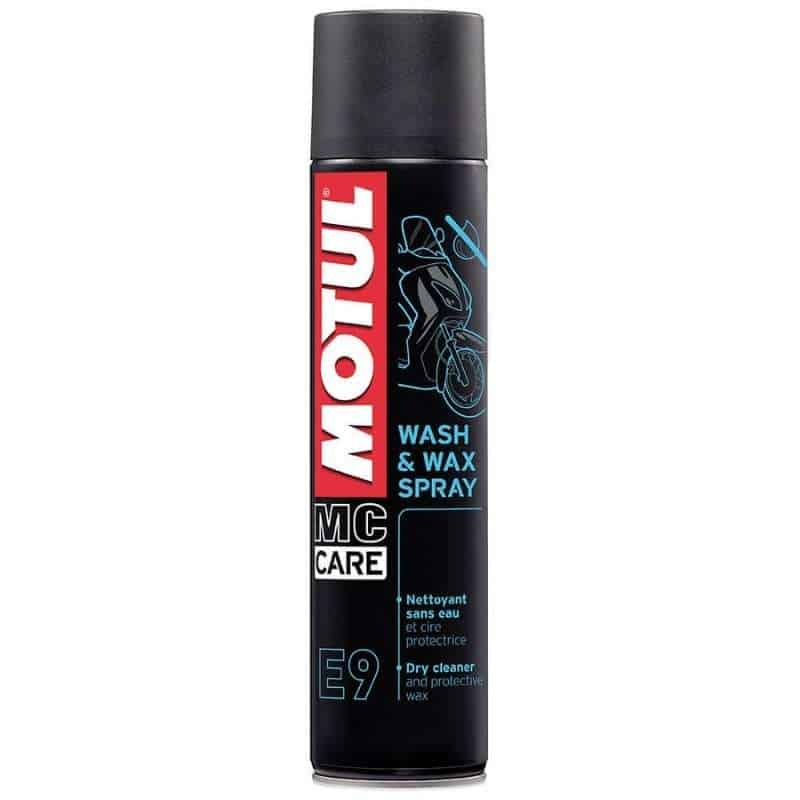 Limpiador y cera en spray Motul Wash & Wax E9, producto para lavado en seco de autos y motos que brinda brillo y protección.
