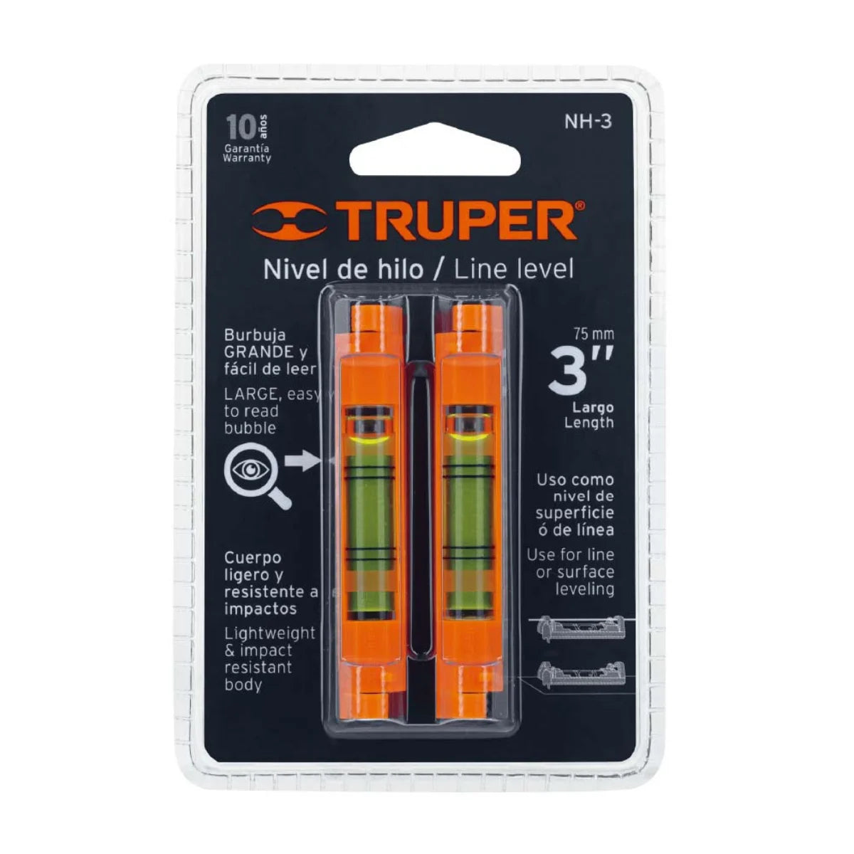 Nivel de hilo Truper NH-3 de 3 pulgadas fabricados en poliestireno ligero con base en Y para nivelación de cuerdas y tuberías.