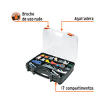 Organizador de herramientas reforzado Truper de 17 pulgadas con 17 compartimentos para tornillos y componentes electrónicos.