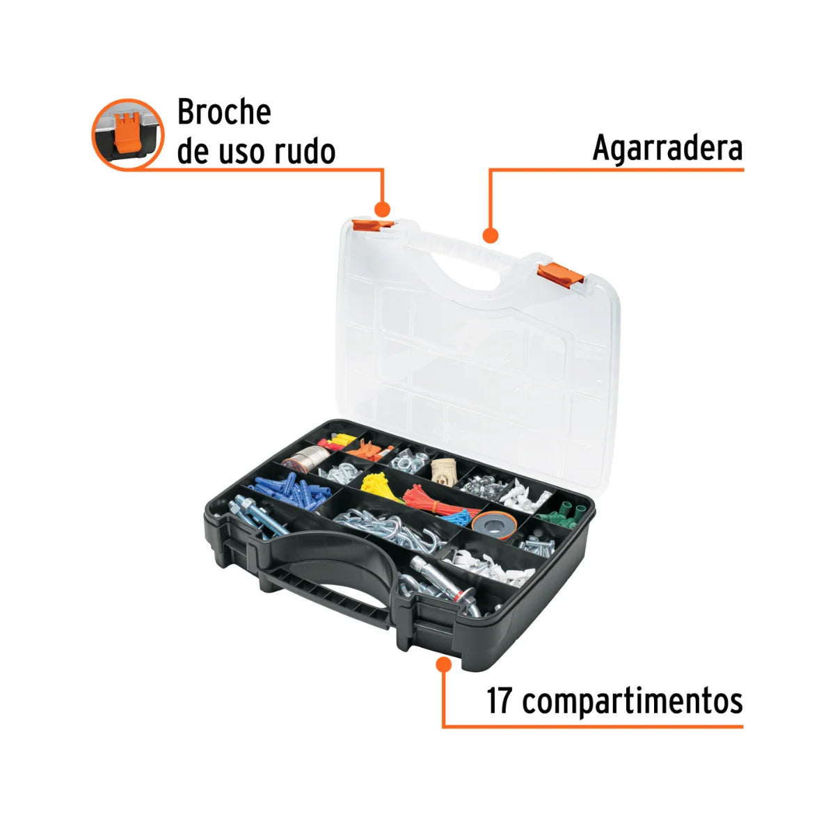 Organizador de herramientas reforzado Truper de 17 pulgadas con 17 compartimentos para tornillos y componentes electrónicos.
