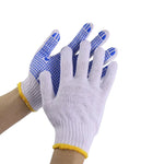 Pack de 12 pares de guantes de seguridad marca Flovi, tejido de algodón con puntos antideslizantes para construcción y bodega.