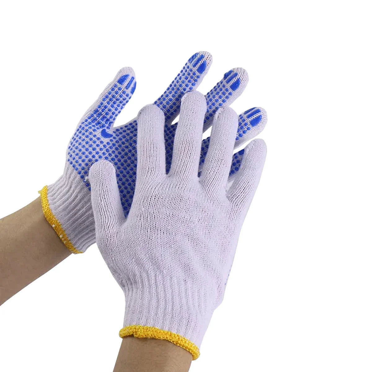 Pack de 12 pares de guantes de seguridad marca Flovi, tejido de algodón con puntos antideslizantes para construcción y bodega.