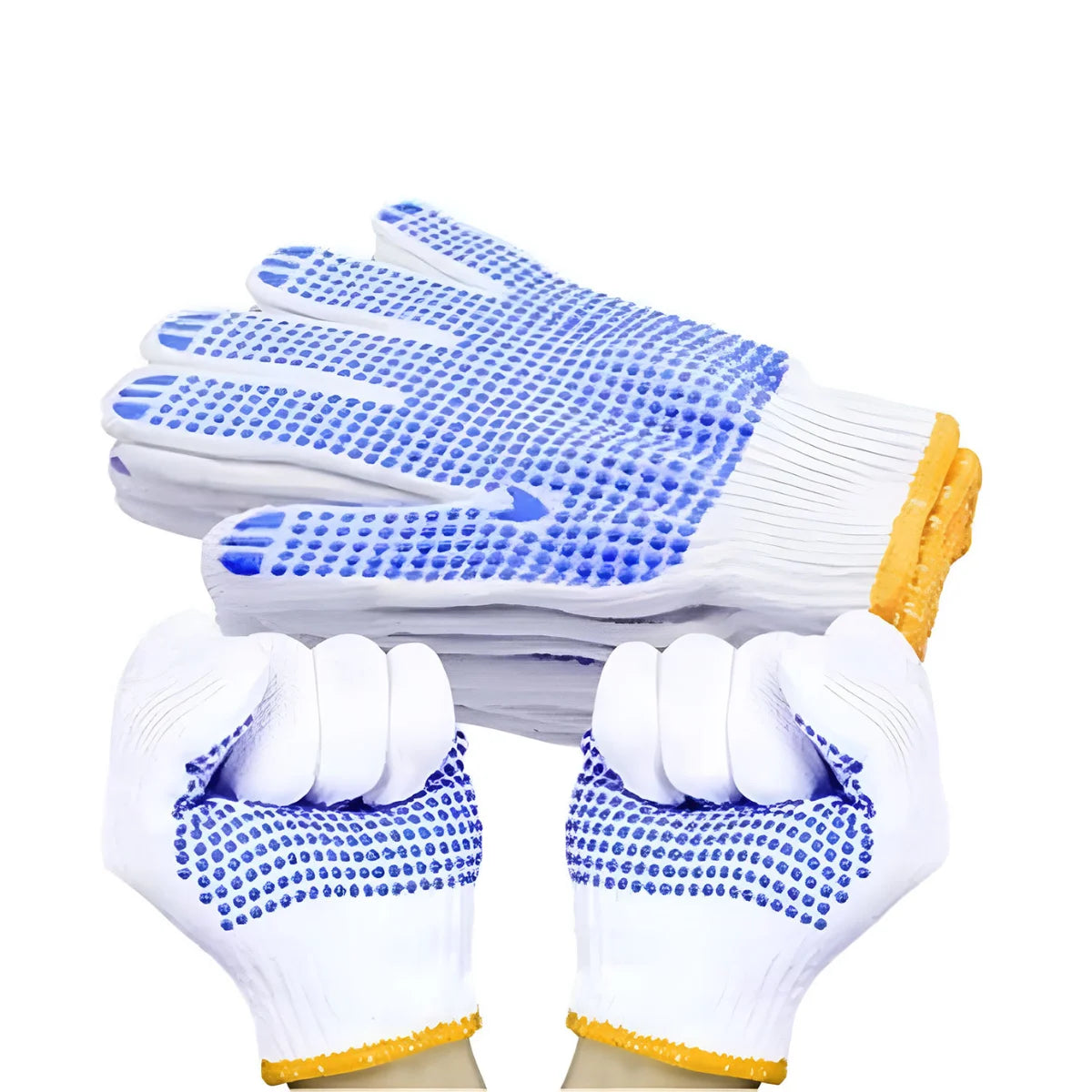 Pack de 12 pares de guantes de seguridad marca Flovi, tejido de algodón con puntos antideslizantes para construcción y bodega.