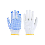 Pack de 12 pares de guantes de seguridad marca Flovi, tejido de algodón con puntos antideslizantes para construcción y bodega.