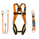 Pack de seguridad en altura Kbeen con arnés naranja, cabo de vida doble y absorbedor de energía.