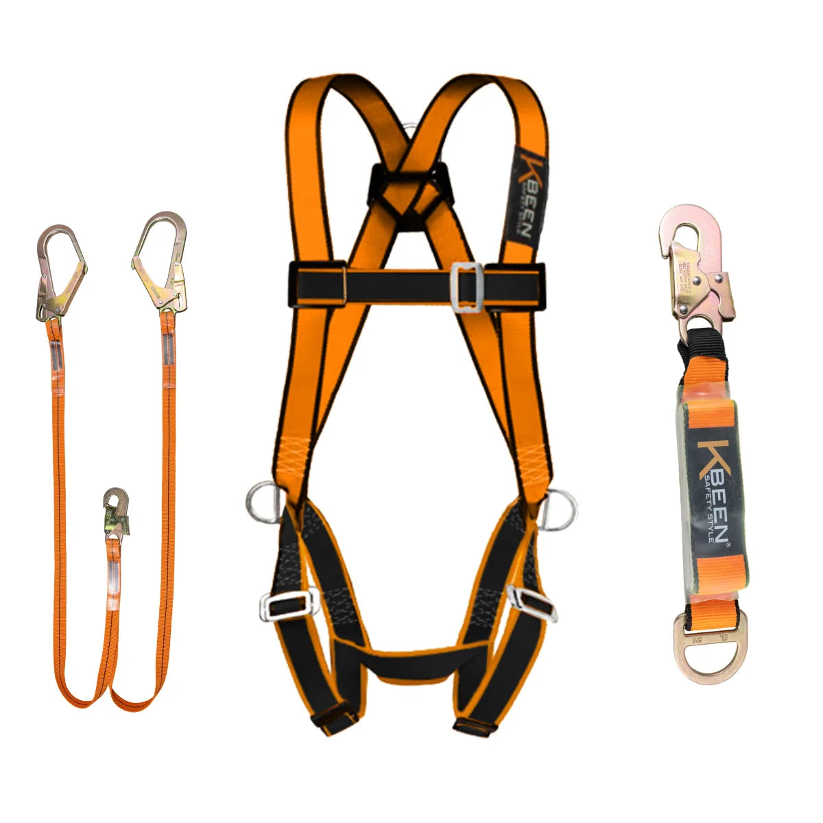 Pack de seguridad en altura Kbeen con arnés naranja, cabo de vida doble y absorbedor de energía.