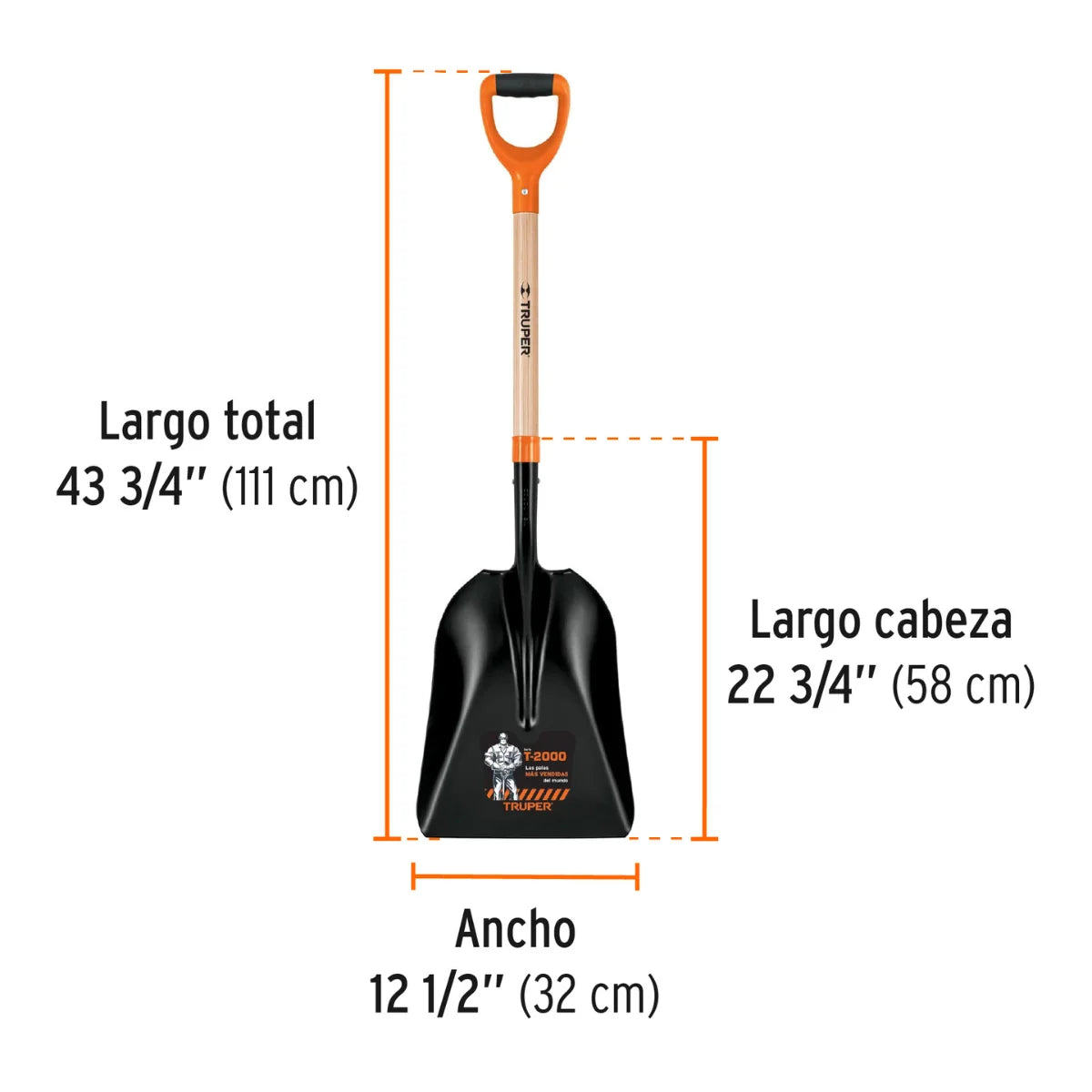 Pala carbonera profesional marca Truper con cabeza de acero al carbono de 31 cm y mango ergonómico Comfort Grip.