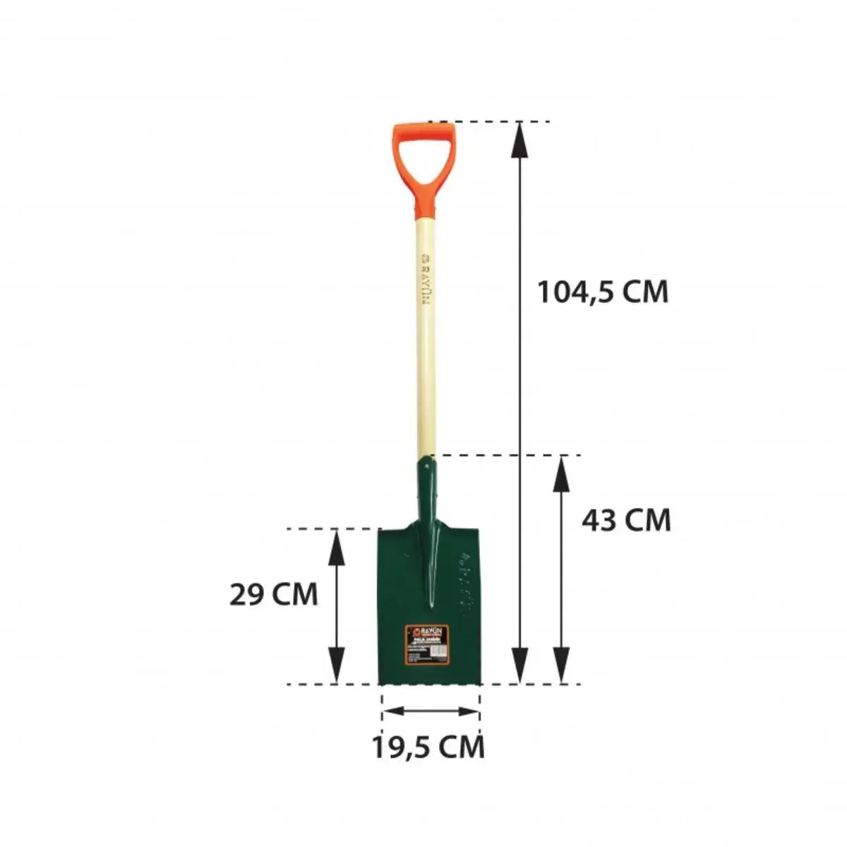 Pala para jardin Cuadrada Rayun color verde con mango metálico.