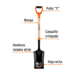 Pala de punta escarramán pocera marca Truper, ancho de 19 cm, ideal para excavar pozos y postes con puño ergonómico.