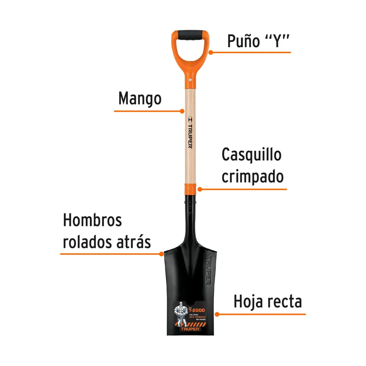 Pala de punta escarramán pocera marca Truper, ancho de 19 cm, ideal para excavar pozos y postes con puño ergonómico.
