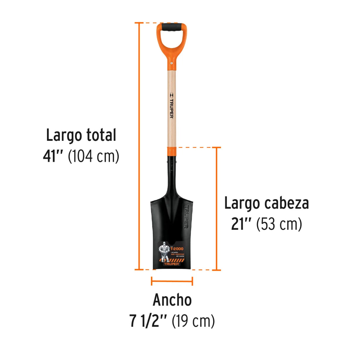 Pala de punta escarramán pocera marca Truper, ancho de 19 cm, ideal para excavar pozos y postes con puño ergonómico.