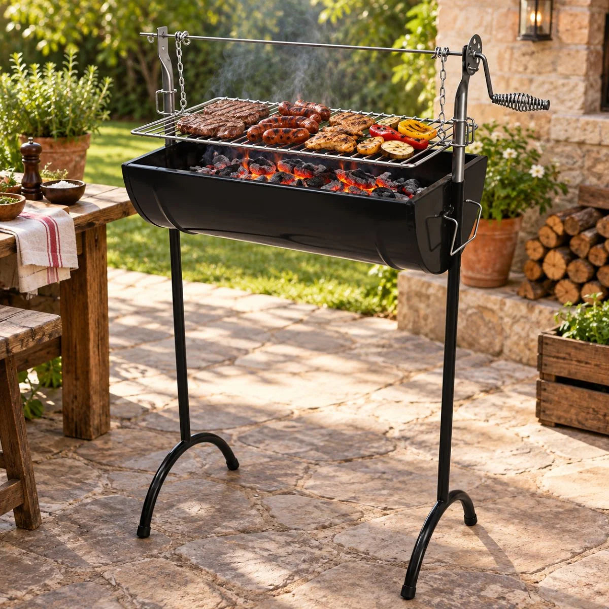 Parrilla Criolla Grilltech a carbón con sistema de roldana