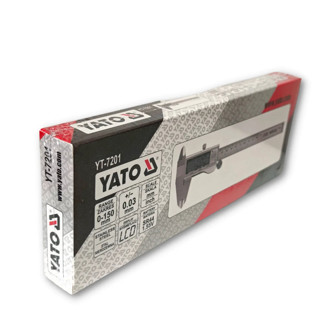 Pie de metro calibrador digital Yato, herramienta de precisión para medir diámetros, profundidades y dimensiones internas y externas en milímetros y pulgadas.