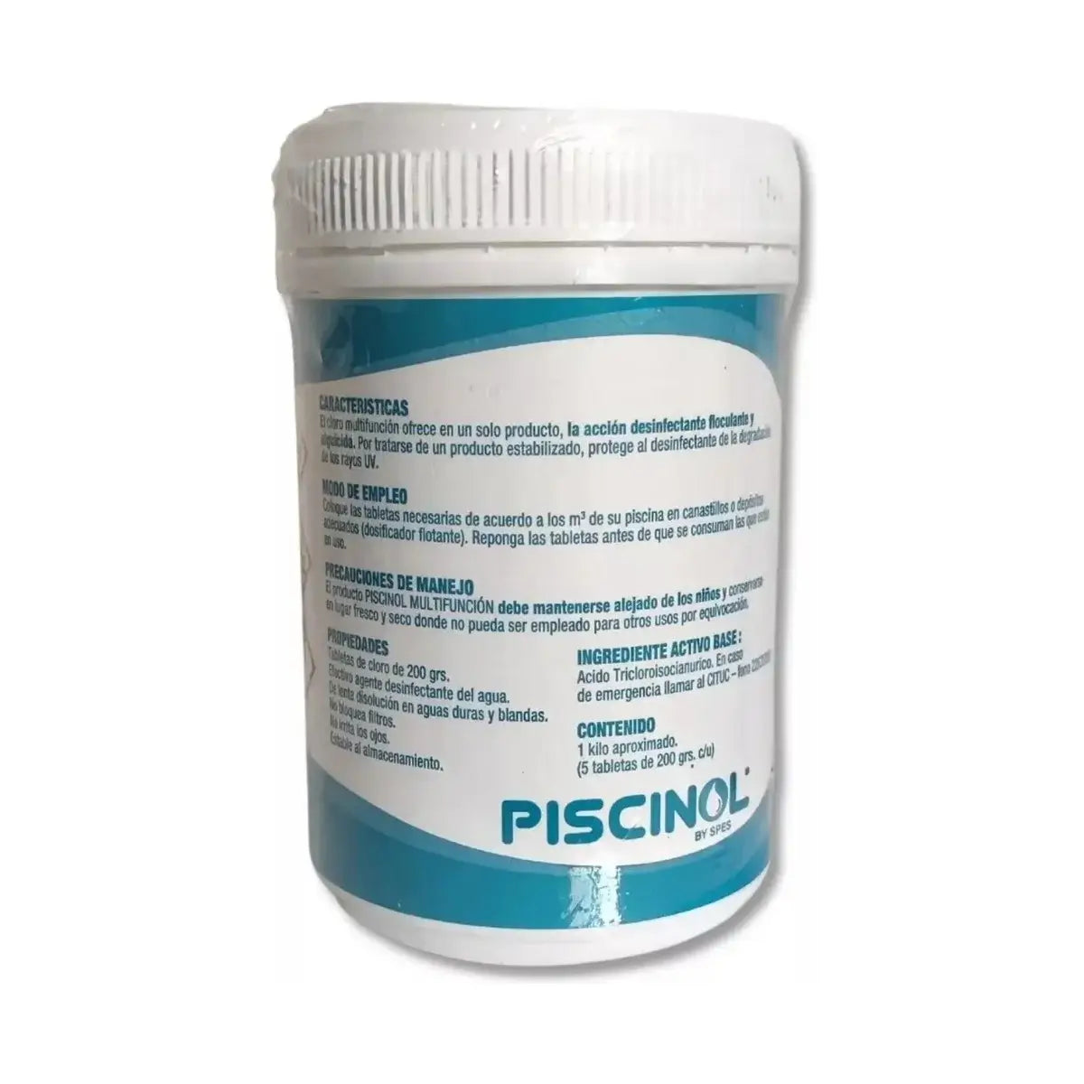 Cloro en Tableta Multifuncional Piscinol 1kg, con 5 tabletas de 200g.