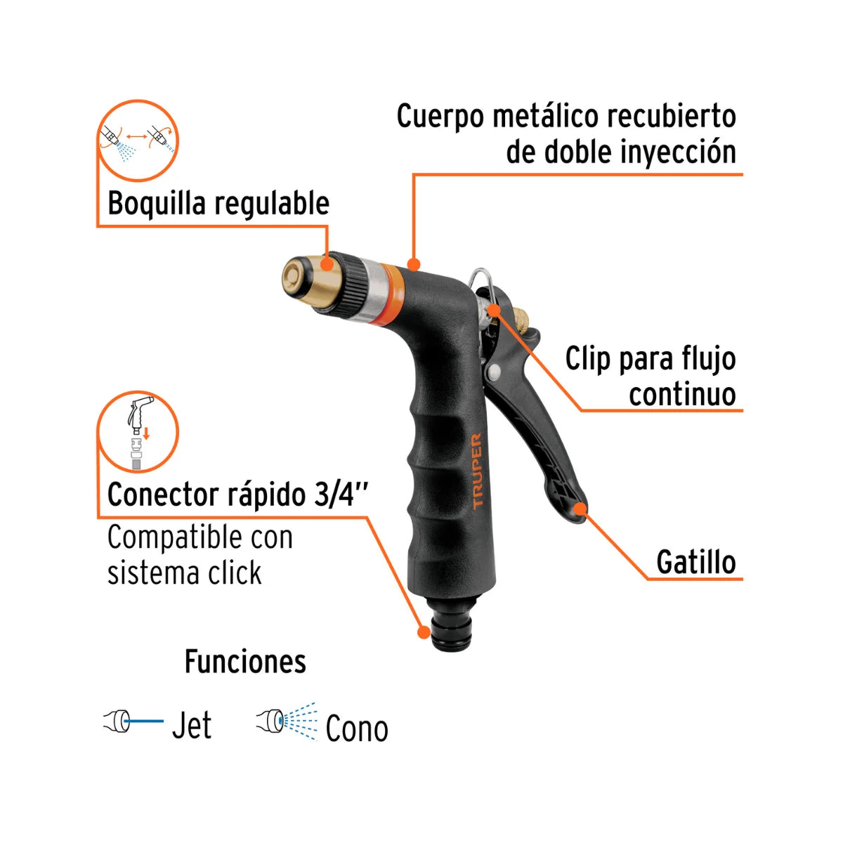Pistola para riego profesional Truper PR-202, construcción metálica reforzada, 2 tipos de chorro y mango antideslizante.