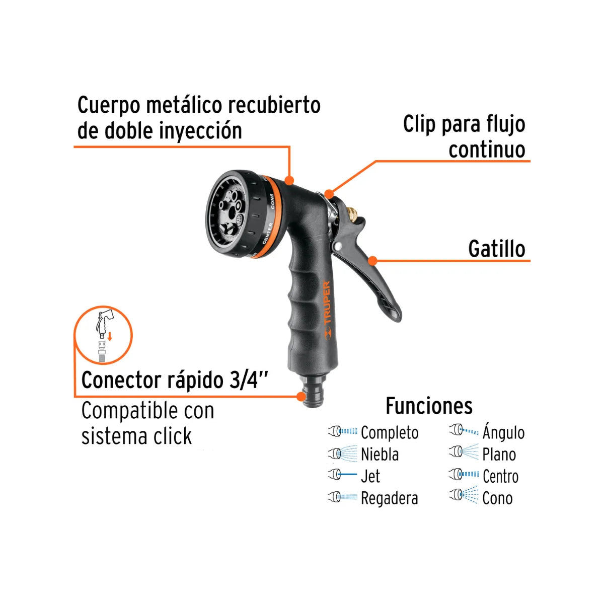 Pistola para riego Truper PR-208 metálica con 8 funciones, mango antideslizante y clip de bloqueo de flujo.