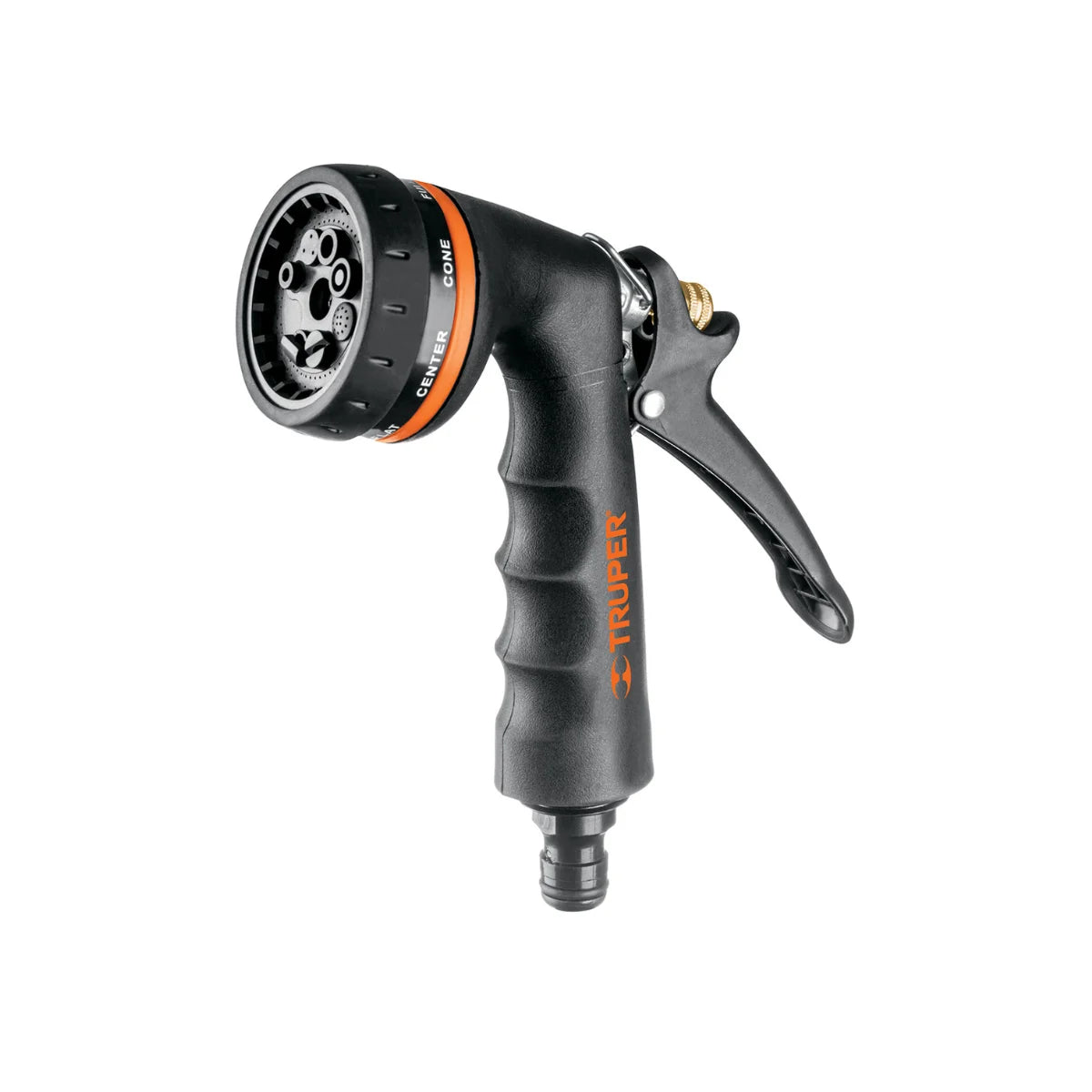 Pistola para riego Truper PR-208 metálica con 8 funciones, mango antideslizante y clip de bloqueo de flujo.