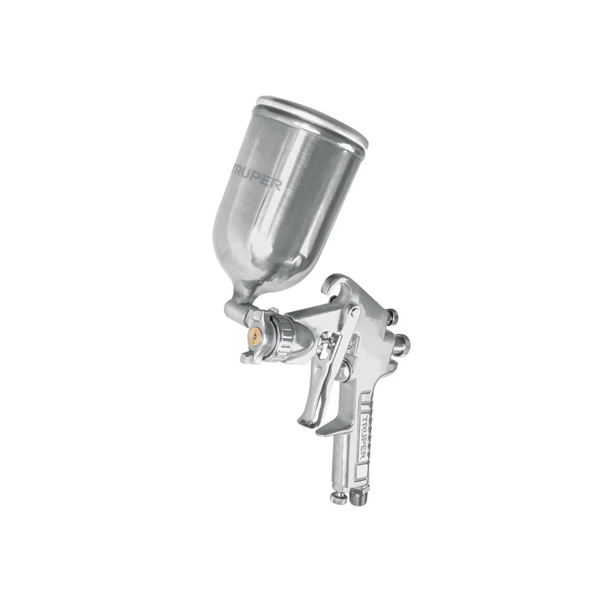 Pistola para pintar por gravedad Truper serie 400, tecnología LVMP, vaso de 400 ml y tobera de acero inoxidable.