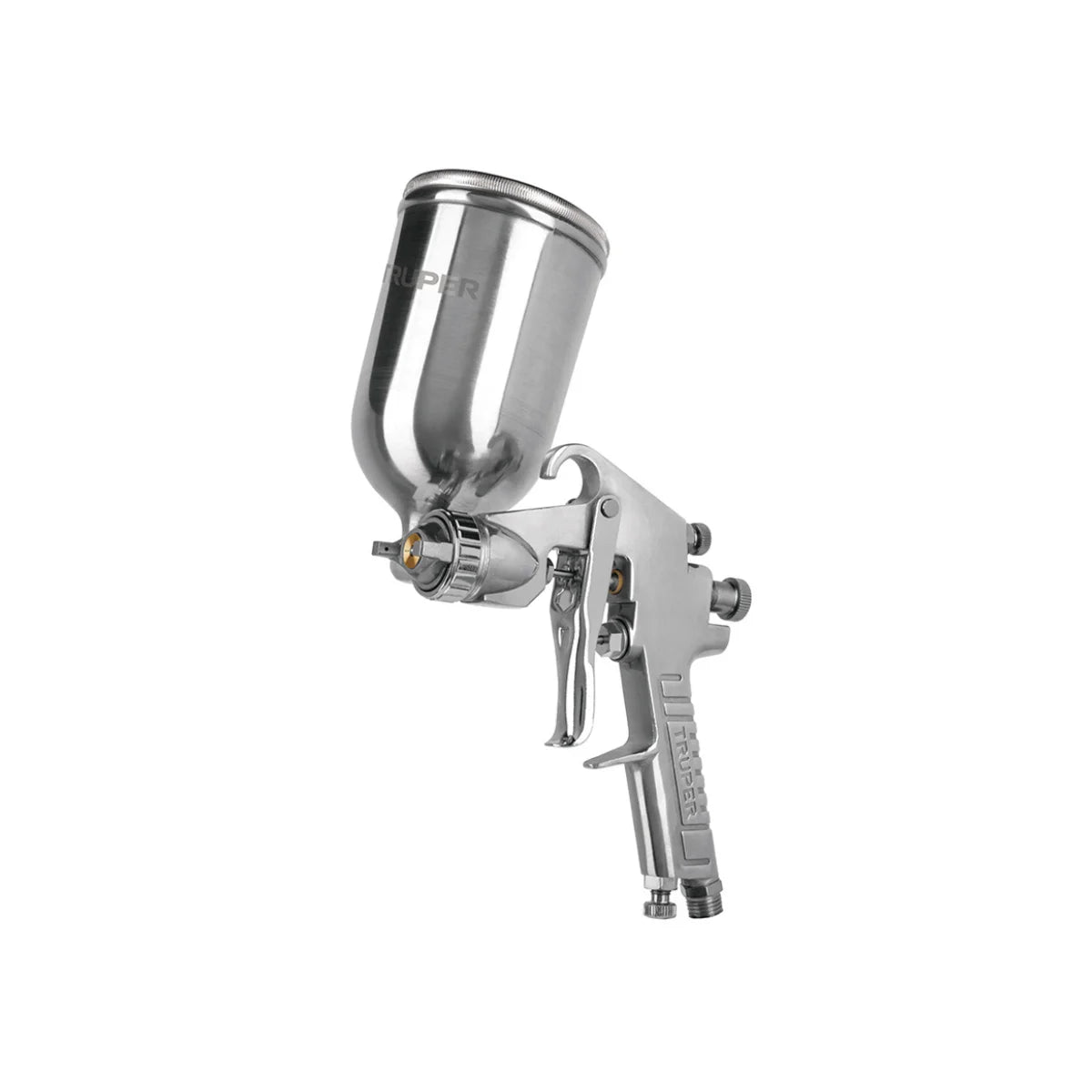 Pistola para pintar por gravedad Truper serie 400, tecnología LVMP, vaso de 400 ml y tobera de acero inoxidable.