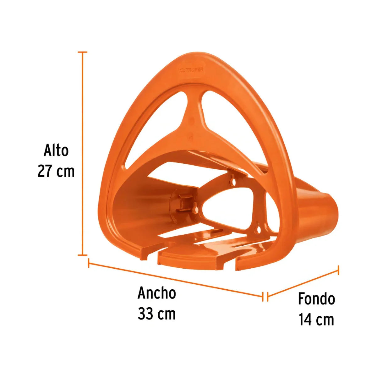 Soporte porta manguera marca Truper fabricado en polipropileno de alto impacto, capacidad para 25 metros de manguera, color naranja.