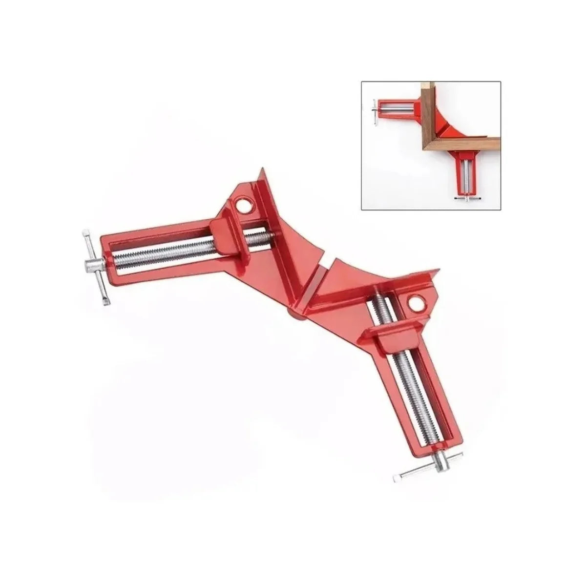 Prensa esquinera Flovi de 90 grados para madera, capacidad 75 mm, ideal para marcos y muebles.