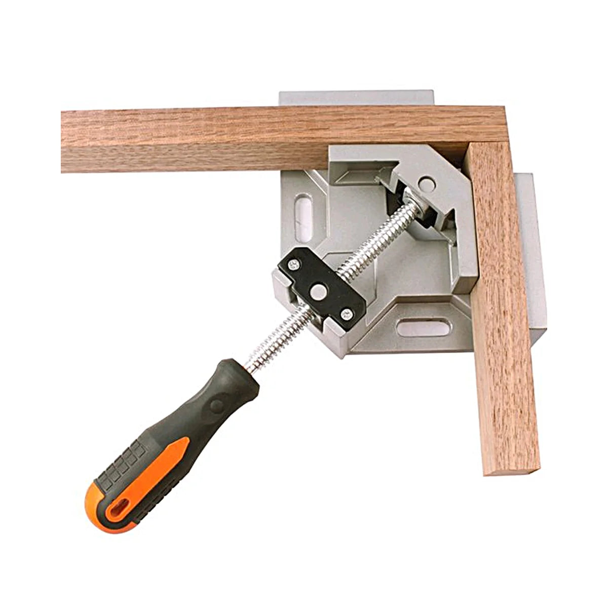 Prensa esquinera profesional marca Flovi, apertura 68mm, fabricada en aluminio para uniones de madera en 90 grados.