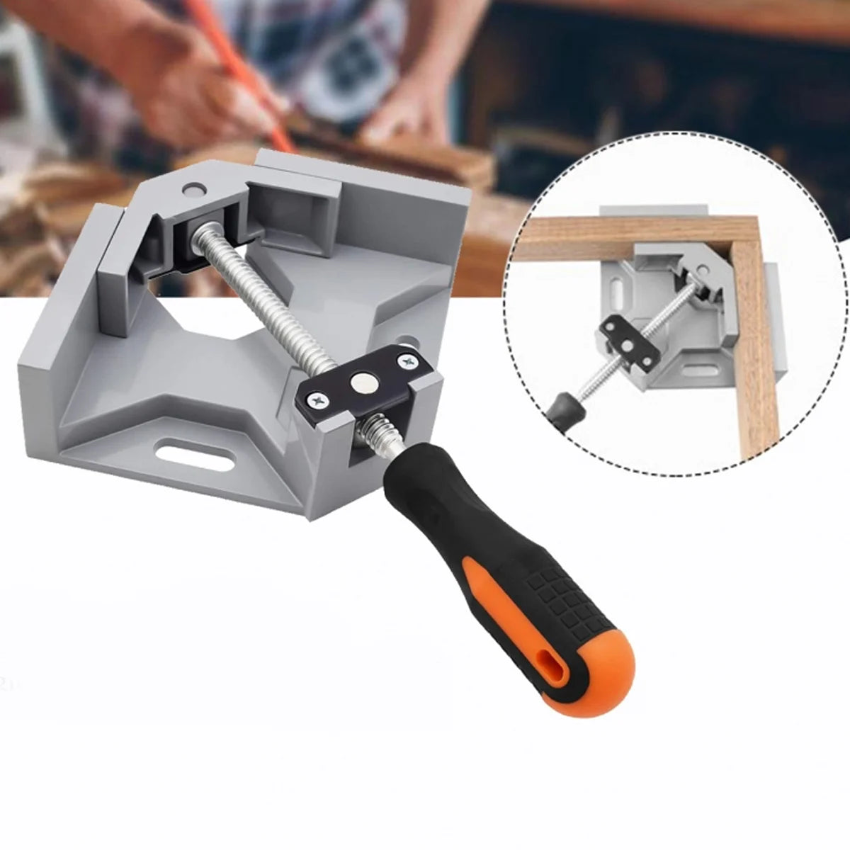 Prensa esquinera profesional marca Flovi, apertura 68mm, fabricada en aluminio para uniones de madera en 90 grados.