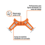 Prensa esquinera profesional marca Truper fabricada en aluminio de alta resistencia, apertura de 3 pulgadas para ensambles a 90 grados.
