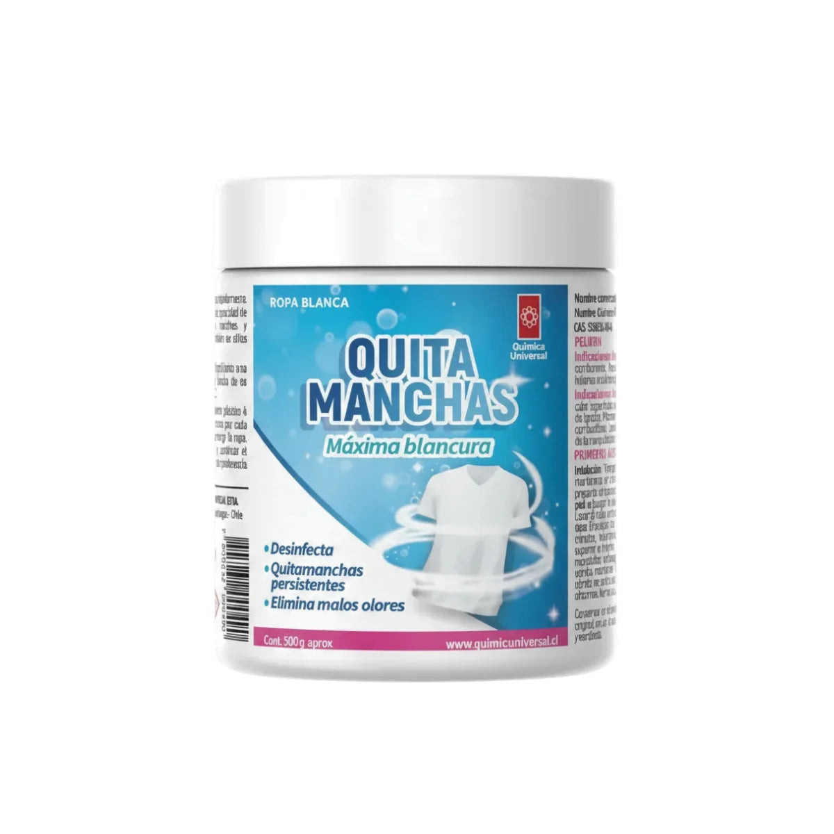 Envase de 500 gramos de Quita Manchas en Polvo de la marca Química Universal.