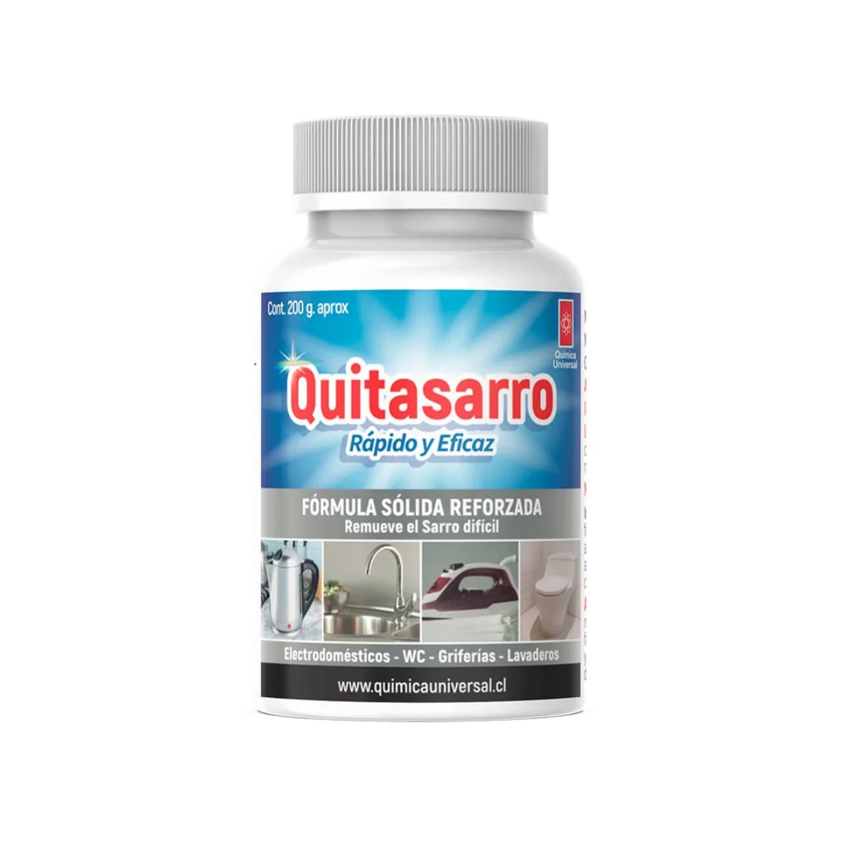 Envase de 200 gramos de Quita Sarro en Polvo de la marca Química Universal.
