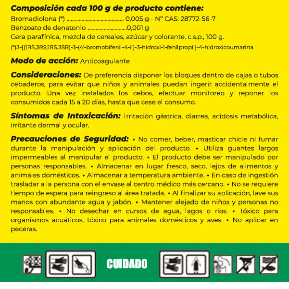 Veneno para ratones y ratas con Bromadiolona 0.005% en formato bloque de 100 gramos, eficaz con una sola dosis.