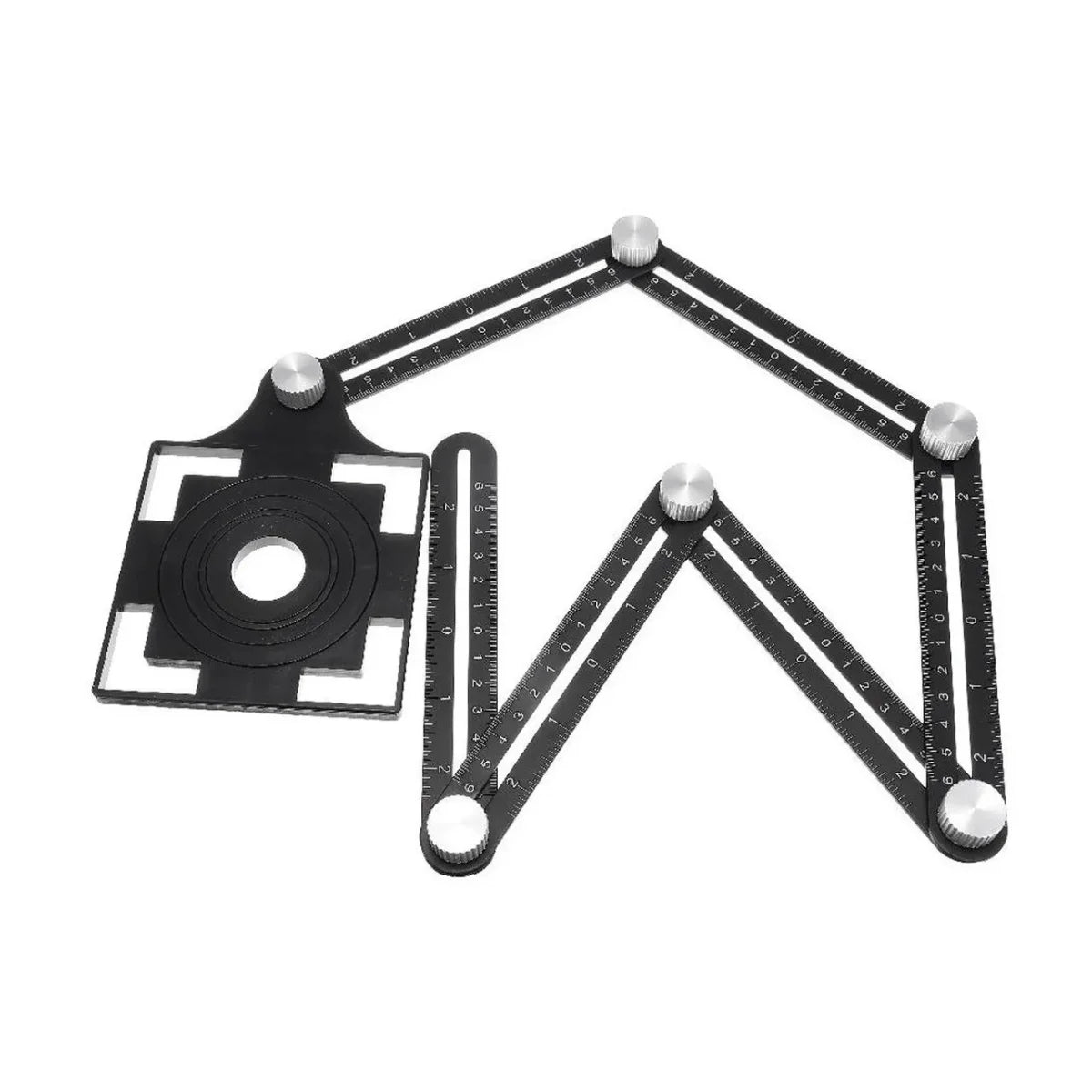 Regla plegable multiángulo Flovi de 6 secciones en aluminio, incluye guía para orificios de 25, 40 y 45 mm para azulejos.