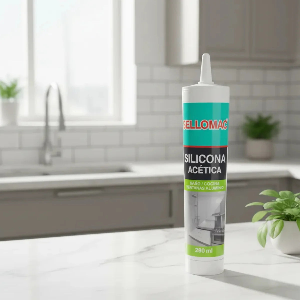 Cartucho de silicona acética Sellomac transparente con protección fungicida para baños