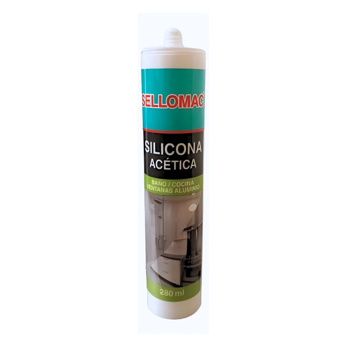 Cartucho de silicona acética Sellomac transparente con protección fungicida para baños