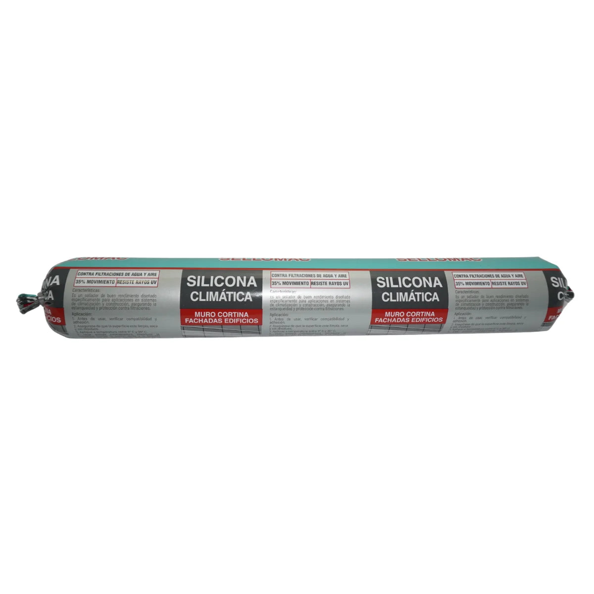 Silicona climática Sellomac color negro en formato salchichón para sellado de fachadas de vidrio y metal.