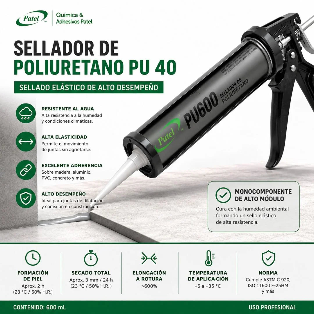 Sellador de poliuretano Patel PU 40 600 ml en salchichón