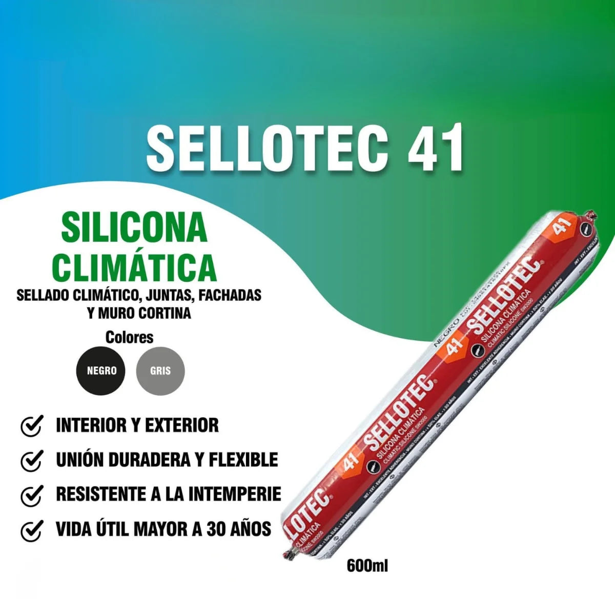 Cartucho de 600 ml de Silicona Climática Sellotec 41 de color negro para sellado de alto rendimiento.