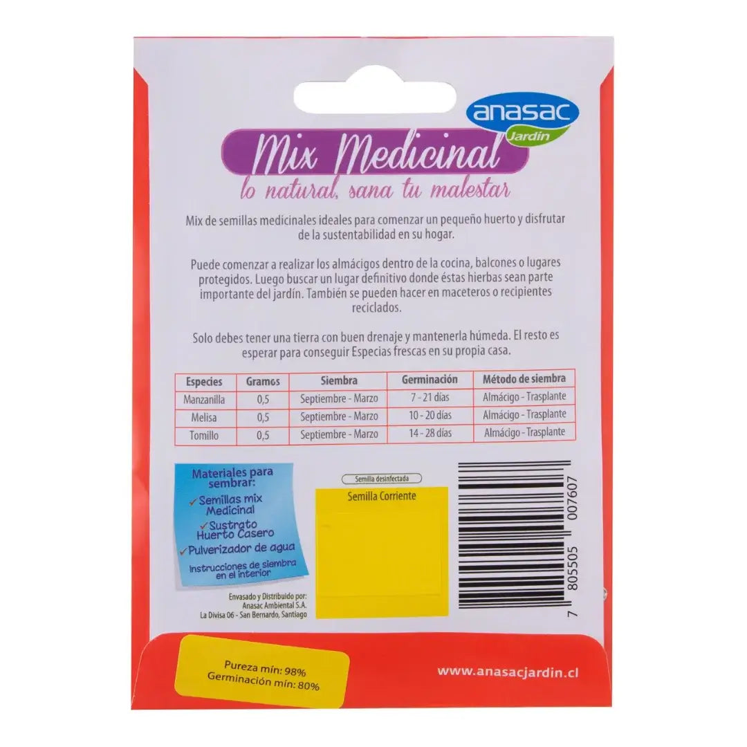 Semillas Mix Medicinales Anasac con Manzanilla, Melisa y Tomillo.