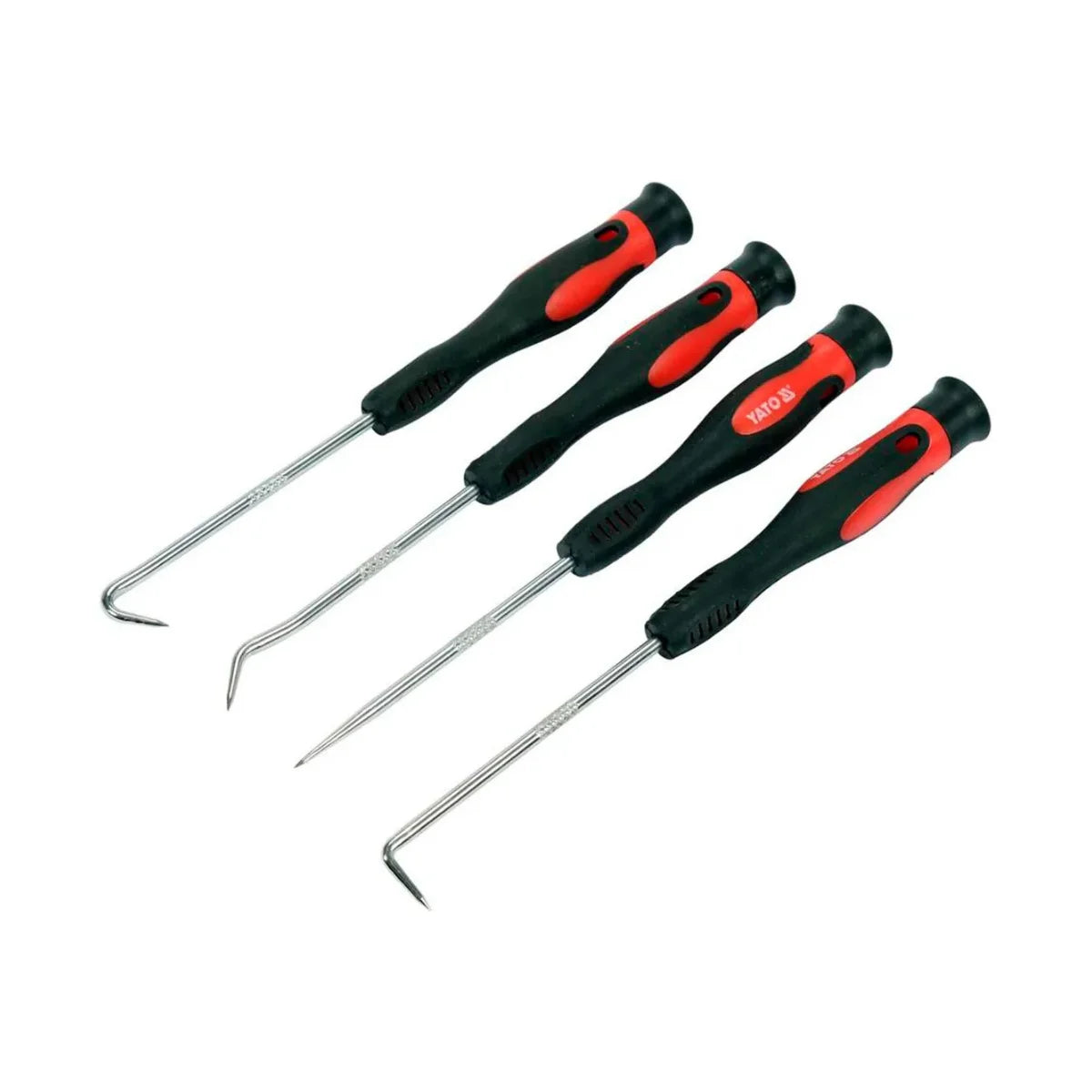 Set de 4 mini ganchos magnéticos marca YATO para colgar herramientas y cables en superficies metálicas de taller o garaje.