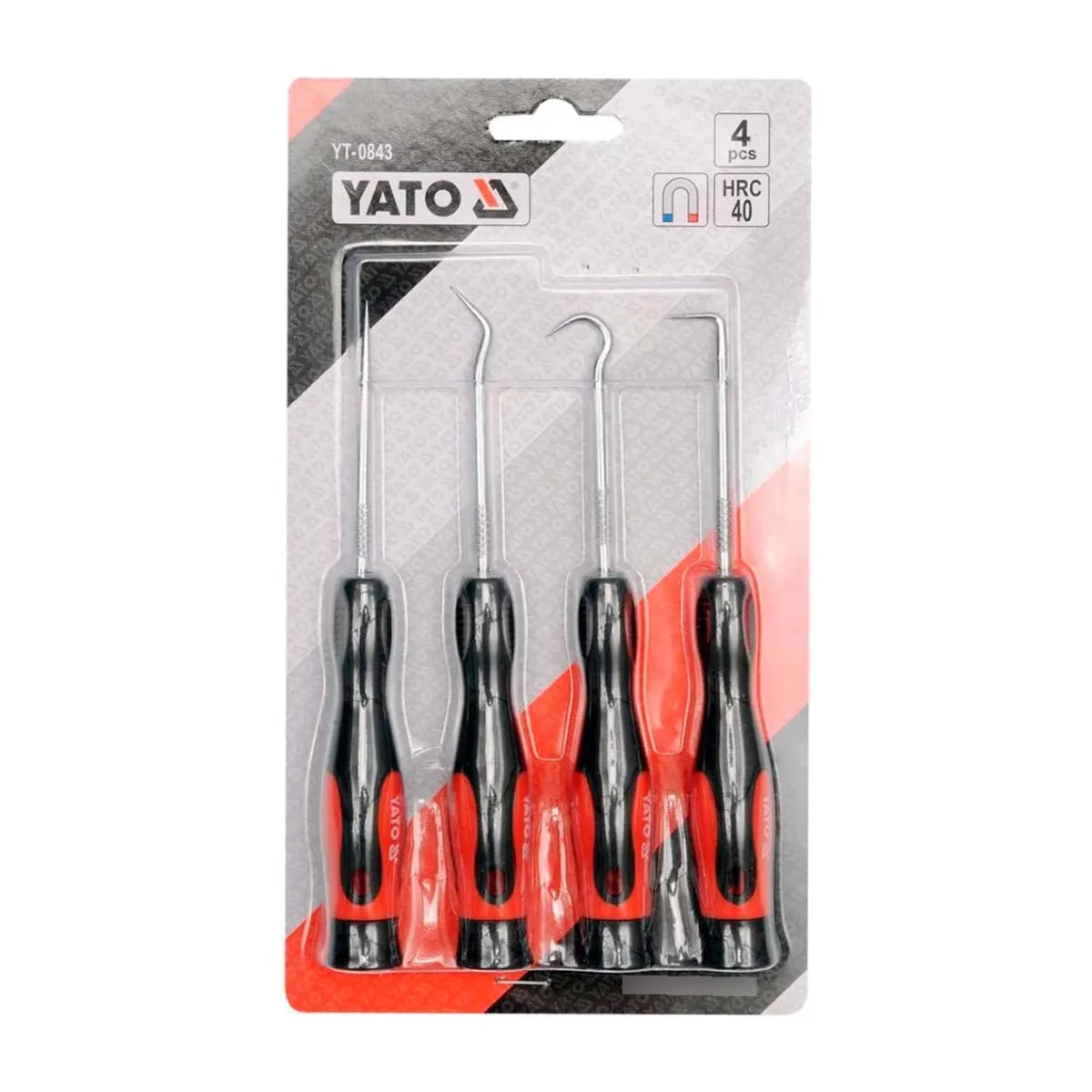 Set de 4 mini ganchos magnéticos marca YATO para colgar herramientas y cables en superficies metálicas de taller o garaje.