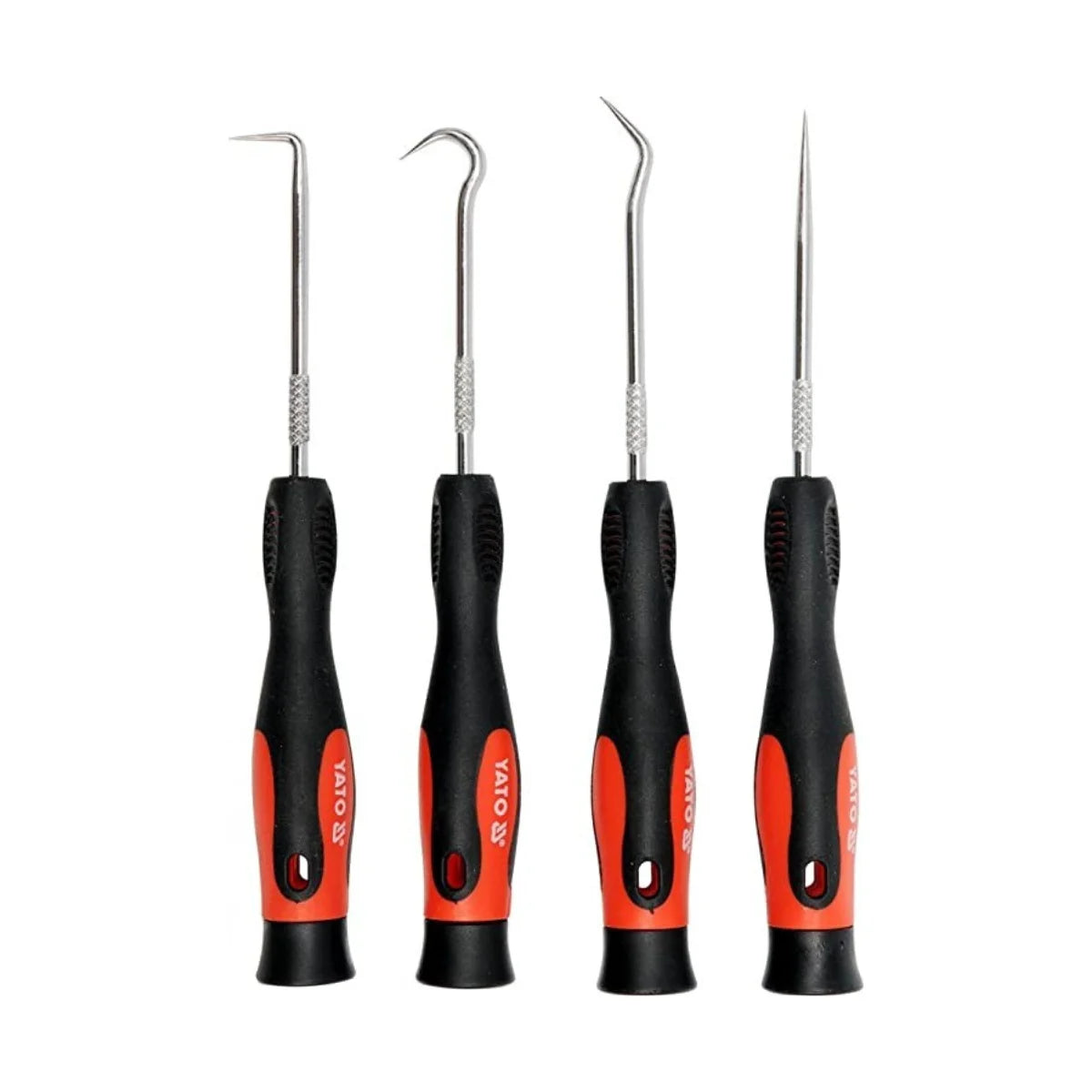 Set de 4 mini ganchos magnéticos marca YATO para colgar herramientas y cables en superficies metálicas de taller o garaje.