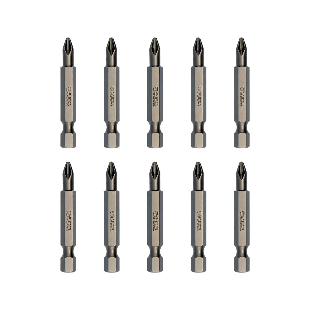 Pack de 10 puntas Phillips PH2 marca YATO modelo YT-04782, acero S2 de alta resistencia con sistema antideslizante para atornillador.