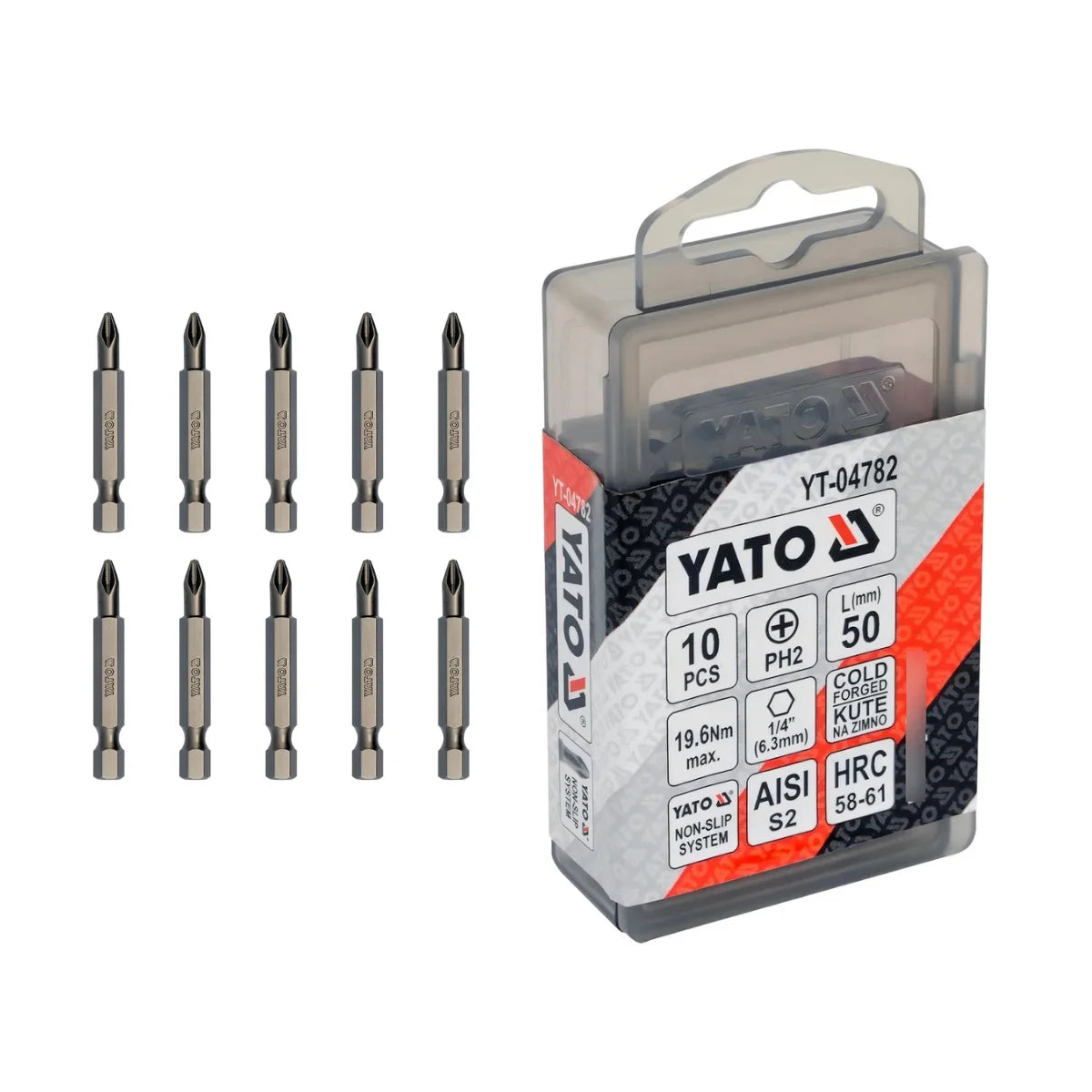 Pack de 10 puntas Phillips PH2 marca YATO modelo YT-04782, acero S2 de alta resistencia con sistema antideslizante para atornillador.
