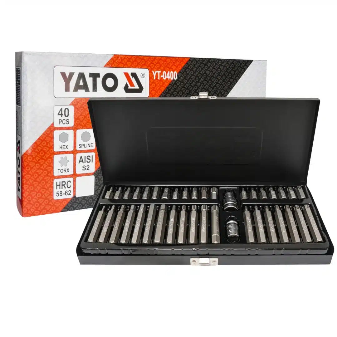 Juego de 40 puntas profesionales Yato de cromo vanadio, con base hexagonal de $10\text{ mm}$ para destornillado de alto torque en mecánica automotriz.