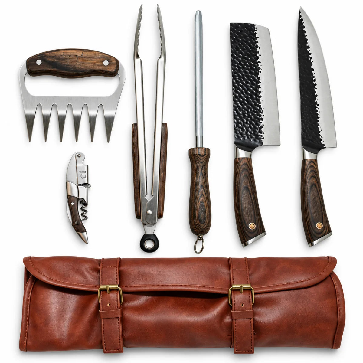 Set parrillero Wayu con herramientas de acero y estuche PU